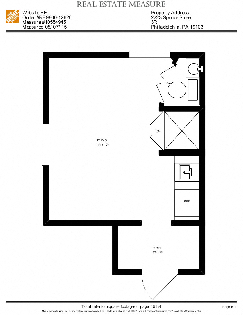 Floor plan for studio, 1 bath, 1 sqft